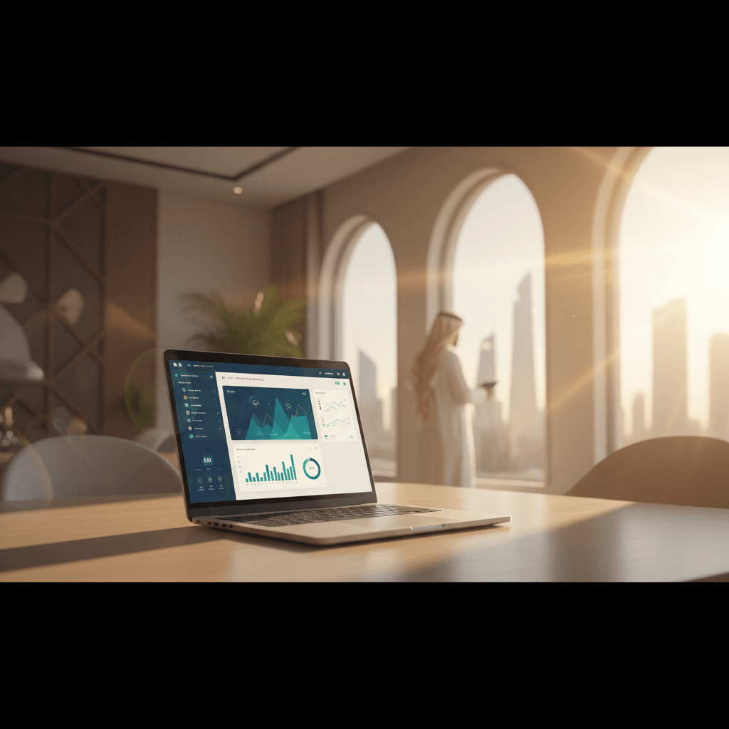 لوحة تحكم برنامج إدارة عقارات على حاسب محمول — صورة غلاف لمقال "سوق العقارات بالدمام والخبر: محركات النمو الصناعي وفرص الاستث