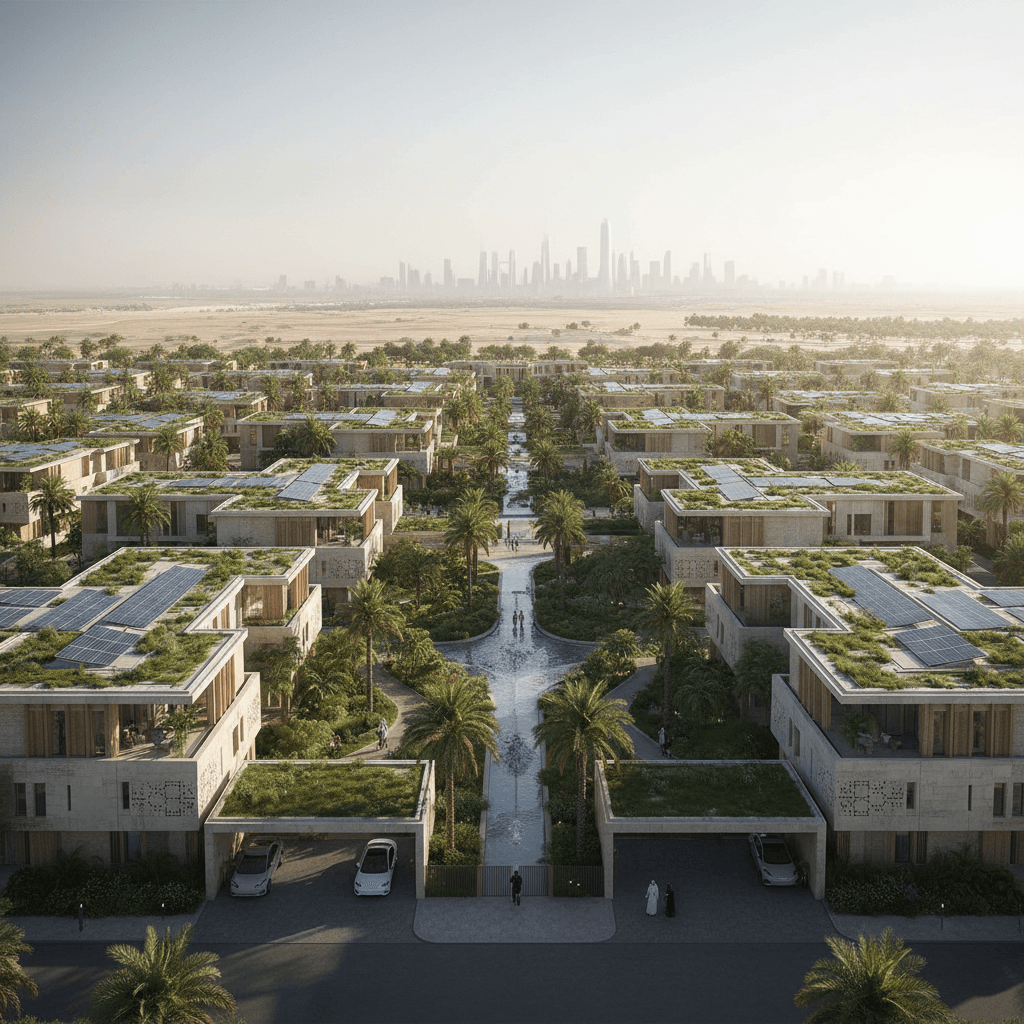 منظر جوي لحي سكني سعودي حديث — صورة غلاف لمقال "تأثير المباني الخضراء: كيف تدفع شهادة LEED تقييمات العقارات وتجذب المستثمرين